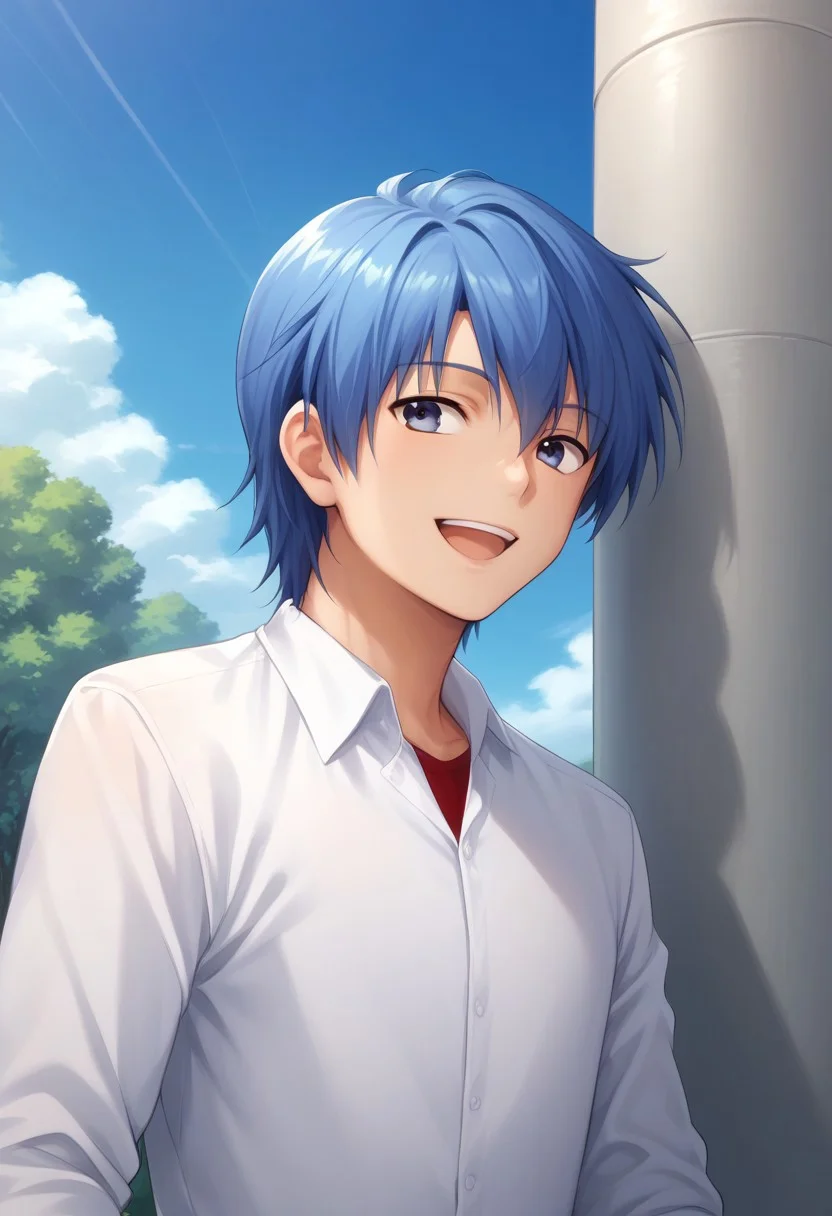 score_9, score_8_up, score_7_up, source_anime, highly detailed,
hideki, 1boy, solo, male focus, blue hair, sky, cloud, day, shirt, blue sky,
blue eyes, open mouth, smile, white shirt,
outdoor, sky, blue sky, tree