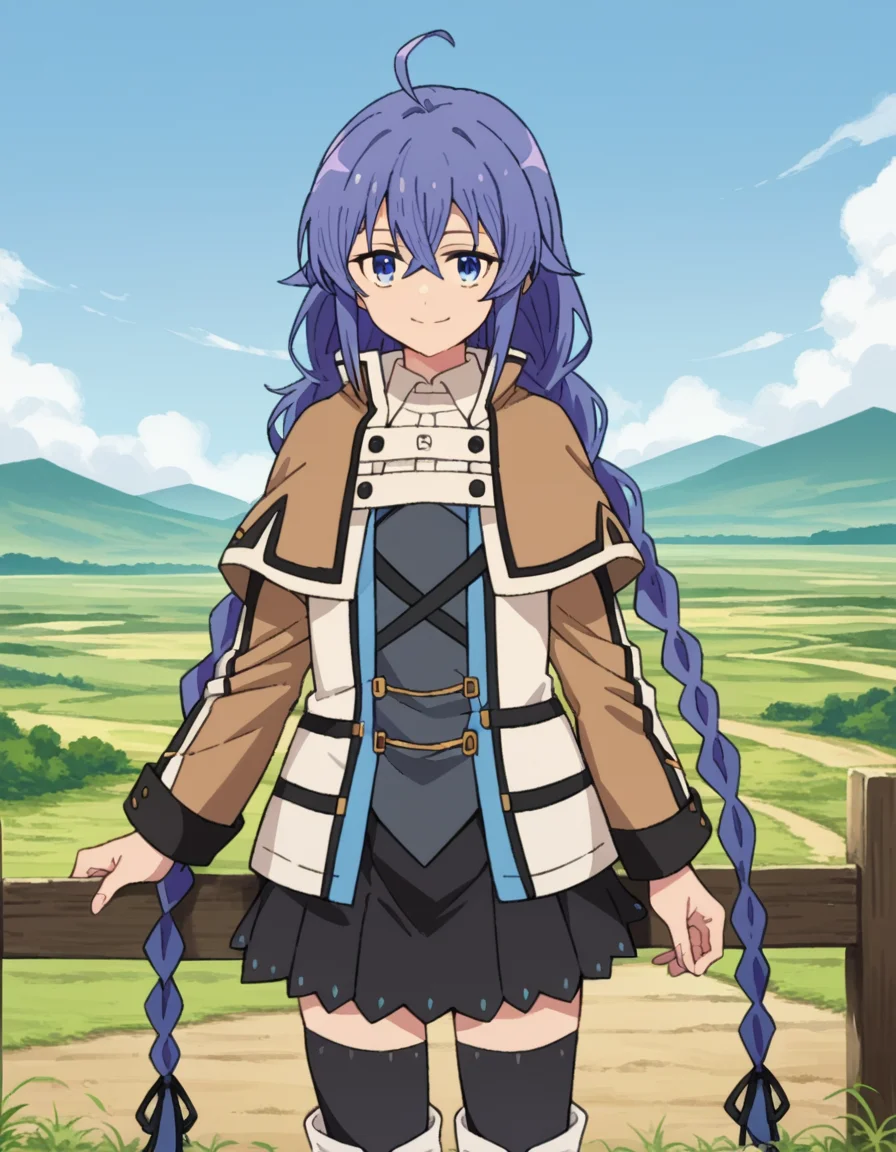 score_9, score_8_up, score_7_up, source_anime,
roxymigurdia, <lora:roxy-migurdia-s1-ponyxl-lora-nochekaiser:1>,
roxy migurdia, ahoge, black ribbon, blue eyes, blue hair, braid, hair between eyes, hair ribbon, long hair, twin braids, very long hair,
black legwear, black skirt, capelet, jacket, brown jacket, long sleeves, miniskirt, open clothes, open jacket, pleated skirt, skirt, white capelet, white footwear, white jacket,
outdoors, landscape, farm, smile,
looking at viewer, dutch angle, cowboy shot,