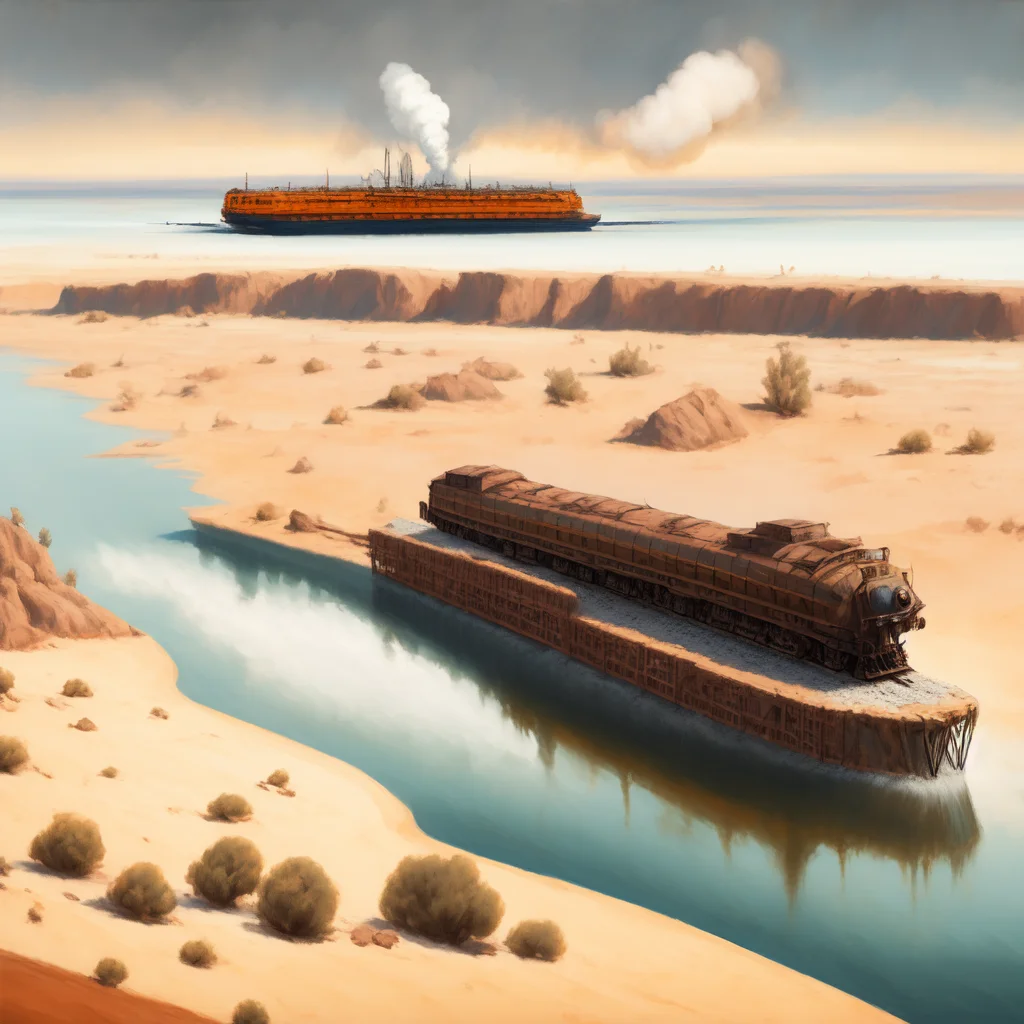 (BoneFortress:1) a painting of a train traveling through a desert, large ship in the middle of a body of water <lora:BoneFortress:0.8>