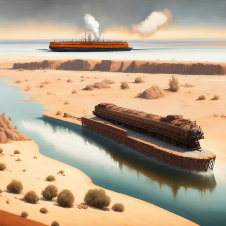 (BoneFortress:1) a painting of a train traveling through a desert, large ship in the middle of a body of water <lora:BoneFortress:0.8>