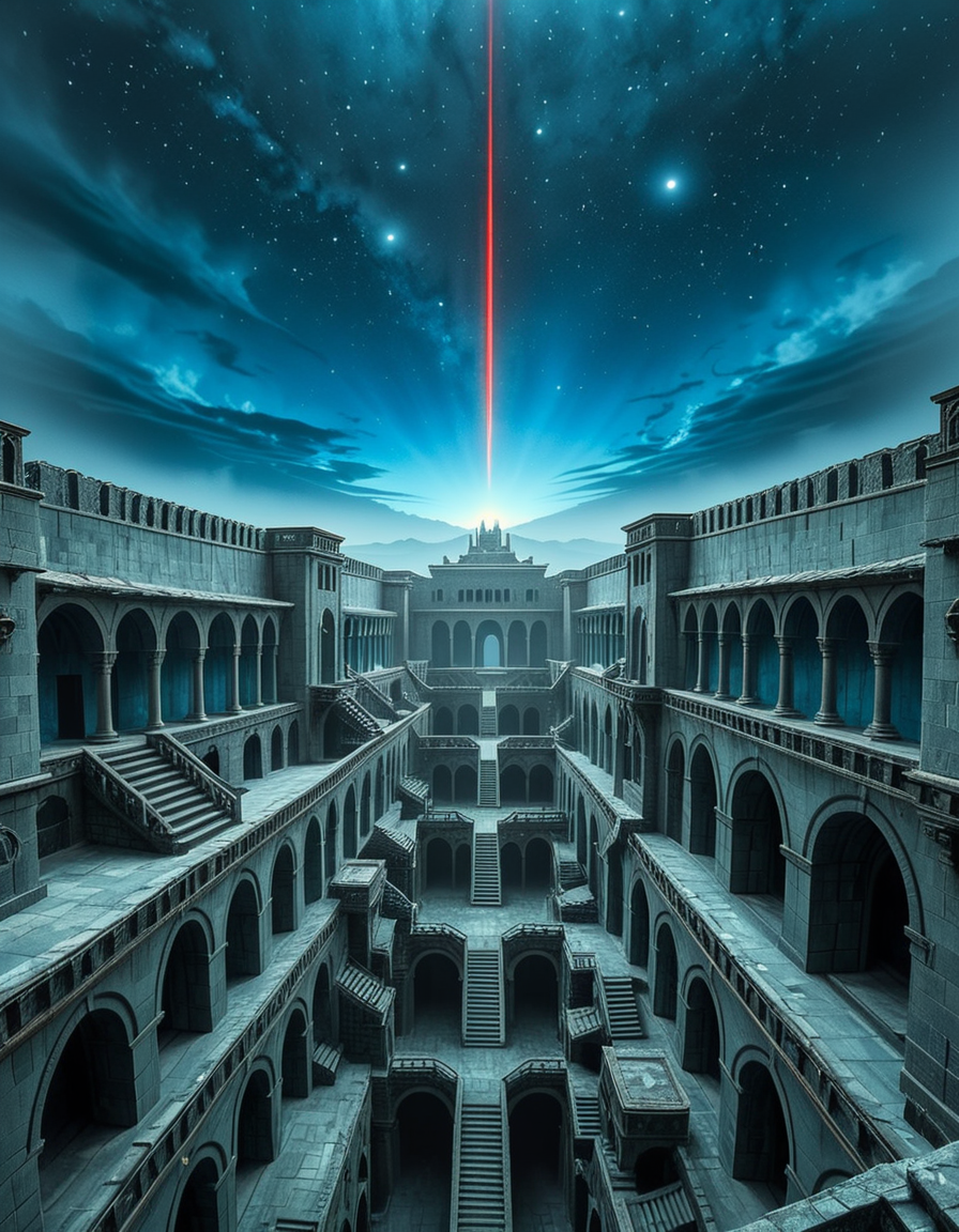 A vast, nightmarish labyrinth stretching endlessly into the horizon, its architecture a fusion of brutalist and gothic styles. The towering stone walls are cold, weathered, and adorned with eerie, ancient carvings. Deep chasms divide the labyrinth, revealing endless layers of arches and staircases that descend into an abyss of darkness. The atmosphere is thick with an unsettling silence, broken only by distant whispers and echoes of unseen entities.
A strange, ominous red beam pierces the sky from a distant point at the horizon, casting an eerie glow over the surreal landscape. The sky above is an unnatural, deep blue, devoid of stars, shrouded in a thick, ominous haze. Shadows stretch unnaturally long, twisting and shifting as if alive.
The entire scene evokes a sense of isolation and dread, as if trapped in an inescapable nightmare. The labyrinthâs geometry seems almost impossible, defying logic with staircases leading to nowhere and corridors looping endlessly. A place where time feels distorted, and reality itself is uncertain.
Style & Mood:
    Dark surrealism, Lovecraftian horror
    Cinematic, high-detail, eerie lighting
    Atmospheric perspective, emphasizing scale and depth
    Inspired by the works of ZdzisÅaw BeksiÅski and H.R. Giger
<lora:SDXLFaeTastic2400:0.4> <lora:extremely_detailed:0.4> extremely detailed, <lora:nightmarish_l4byr1nth:1>,nightmarish l4byr1nth, Masterpiece,best quality,hi res,8k,hi res,8k,award winning,(sharp focus, intricate, highly detailed),
