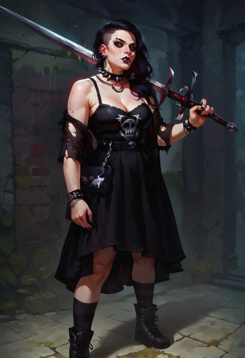 female focus, solo focus, solo, score_9, score_8_up, score_7_up, 1girl, goth, goth girl, ZweihanderV1.1-pose2, weapon, sword, holding weapon, holding, over shoulder
