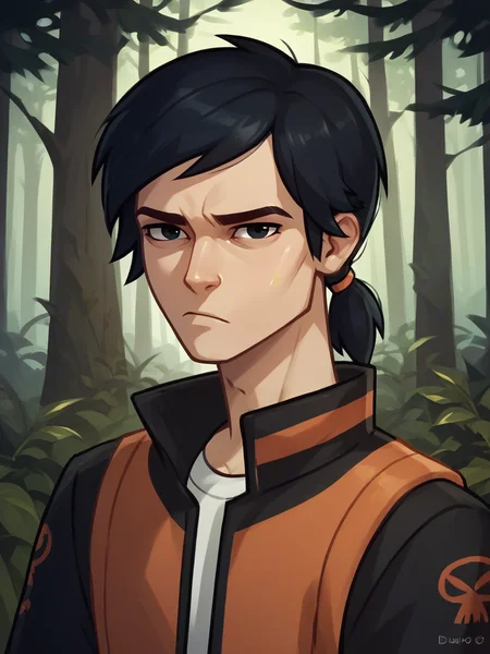 score_9, score_8, Jake_ <lora:Jake_Disventure_Camp:.7> portrait of jake_dvc man, black hair, ponytail, jacket, dark forest background, sad, pouting, looking at viewer, black eyes, nighttime,, score_9, score_8_up, score_7_up, <lora:Smooth Anime 2 Style SDXL_LoRA_Pony Diffusion V6 XL:.3> <lora:add-detail-xl:.8> zPDXL3,