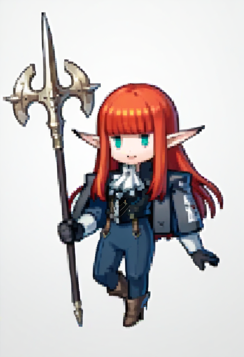 score_9, score_8_up, score_7_up, source_anime, 1girl, smile, <lora:Feh-Sprites-pdxl_Fp:1> simple background, chibi, full body, holding polearm, <lora:HulkenbergMRv2-pdxl:1> hbrgMR, red hair, long hair, blunt bangs, sidelocks, aqua eyes, pointy ears, white ascot, breastplate, capelet, long sleeves, black bodysuit, black gloves, brown footwear, high heel boots