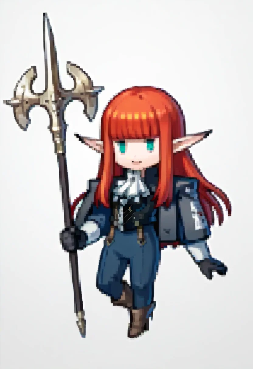 score_9, score_8_up, score_7_up, source_anime, 1girl, smile, <lora:Feh-Sprites-pdxl_Fp:1> simple background, chibi, full body, holding polearm, <lora:HulkenbergMRv2-pdxl:1> hbrgMR, red hair, long hair, blunt bangs, sidelocks, aqua eyes, pointy ears, white ascot, breastplate, capelet, long sleeves, black bodysuit, black gloves, brown footwear, high heel boots