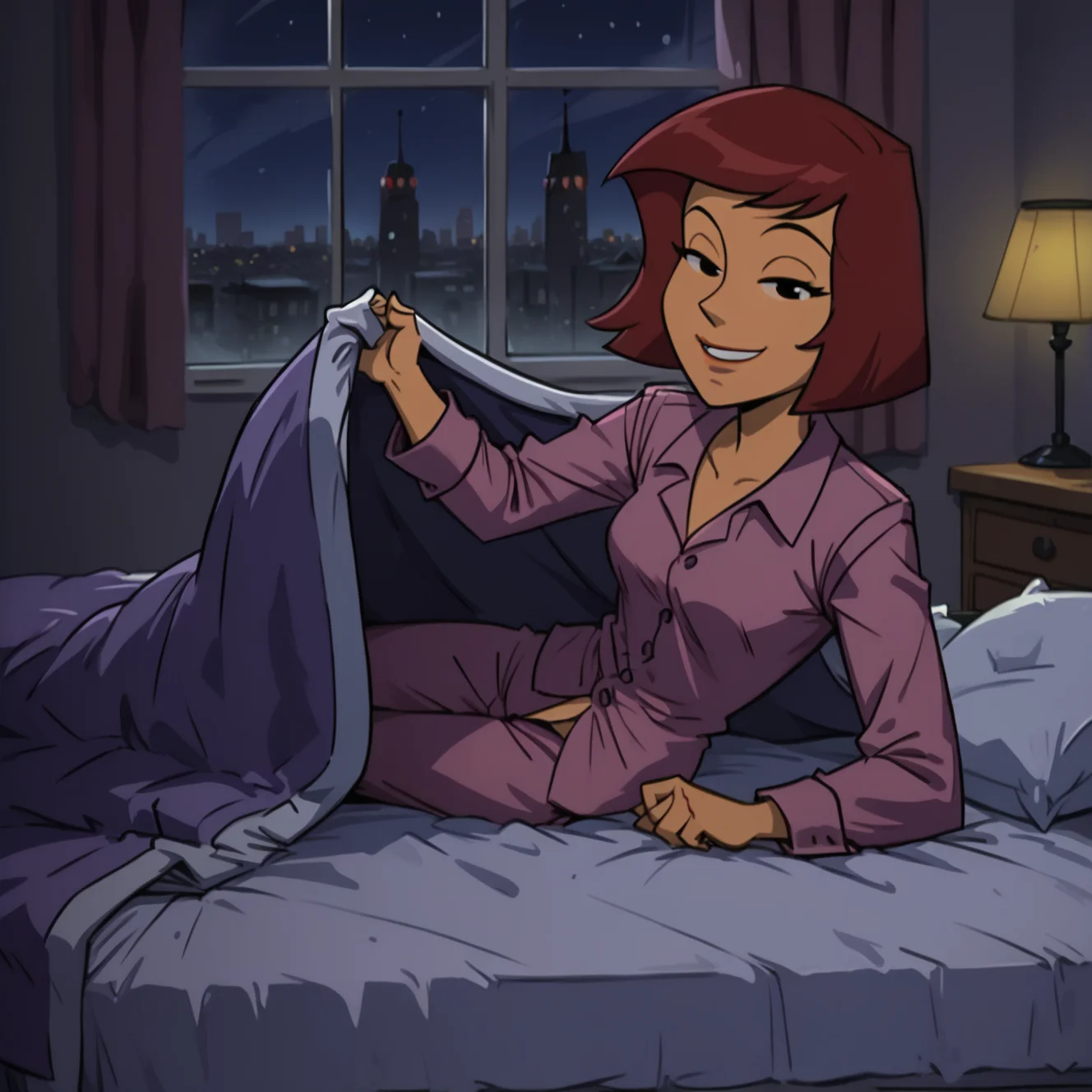 r1pr0m, 1girl, solo, pajamas, bedinvite, bed invitation, under covers, on bed, on side, laying, bedroom, window, curtains, city, half-closed eyes, smile, looking at viewer, night, low light, <lora:bedinvite:1> <lora:Anime Summer Night Style SDXL_LoRA_Pony Diffusion V6 XL:0.5> <lora:r1pr0mV2-000070:0.8>