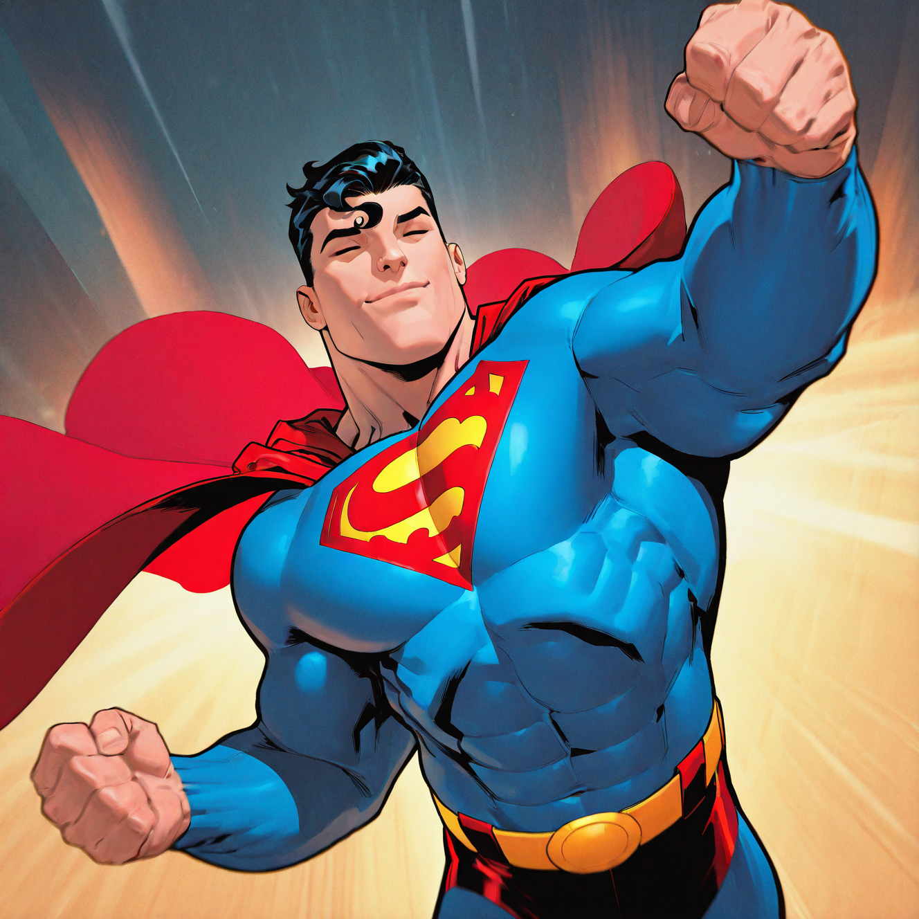 <lora:superman_em:1> superman_em, male focus, black hair, muscular, bodysuit, 1boy, muscular male, superhero, blue bodysuit, solo, cape, thick thighs, upper body, western comics (style), short hair, manly, pectorals, red cape, closed mouth, covered abs, biceps, abs, clenched hands, belt, smile, closed eyes , dynamic perspective, detailed background, motion blur, film grain, abstract, natural lighting, fantasy, cinematic, dynamic view, tilted angle, very awa, masterpiece, best quality, absurdres, newest, perfect quality, detailed background, intricate details,  (artist:fl \(l-fl\):0.7), (artist:tooboshoo:0.7), (artist:dizdoodz:0.8)