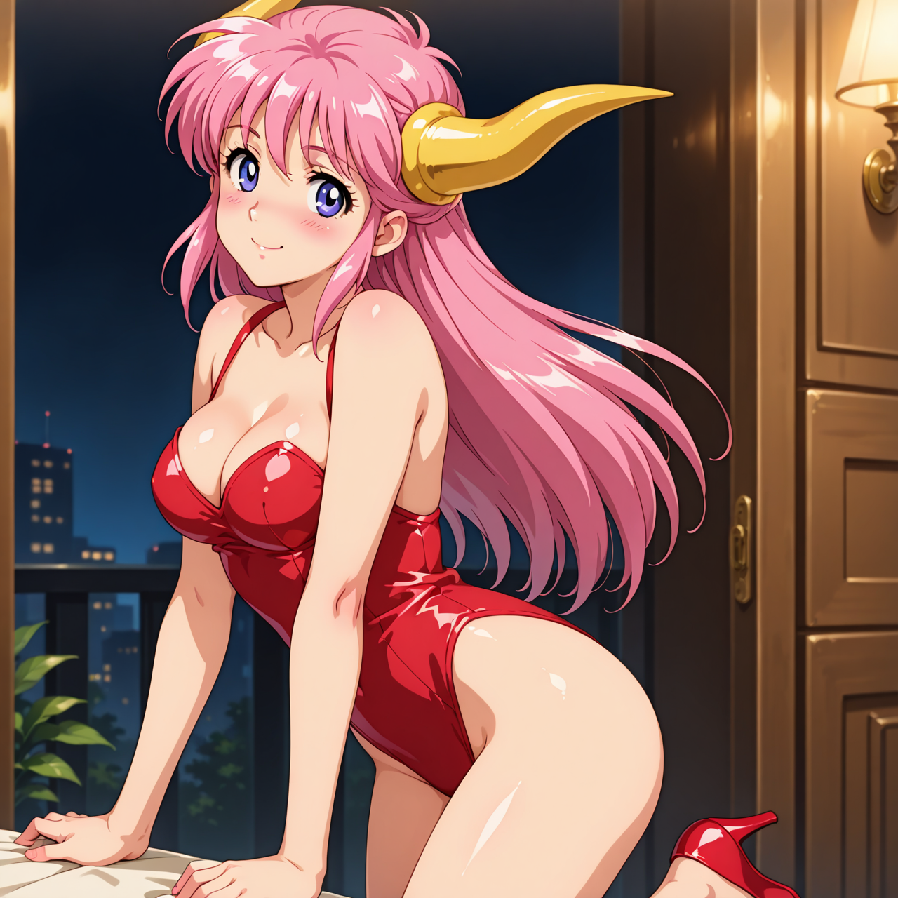 [generated by waiNSFW_v120:100]
<lora:gesen-musume-IL_v1:0.4>gesen-musume, solo, 4K, anime coloring, BREAK
horn head, pink hair,
medium breasts,
red leotard, cleavage,
highheels,
smile,
standing,
blush,
masterpiece, beautiful face, best quality