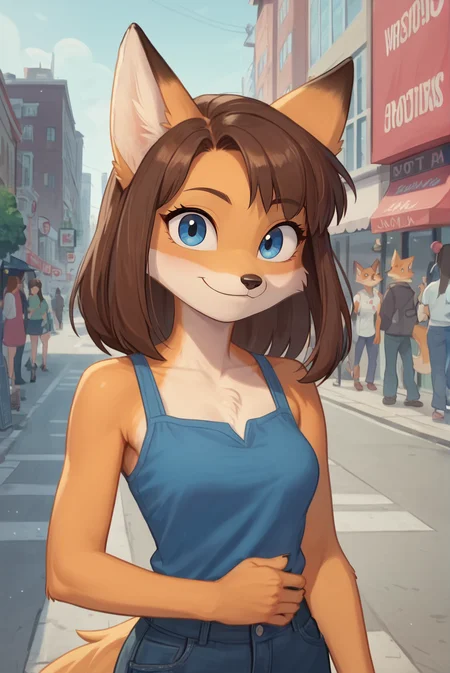 score_9, score_8_up, score_7_up, three-quarter portrait, furry, fox, female, anthro, blue eyes, brown hair, casual clothes, smile, looking at viewer, city background, (toony:0.5), photorealism, anime screencap, <lora:rubi_style:1>
