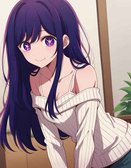 score_9, score_8_up, score_7_up, source_anime,
aihoshino, <lora:ai-hoshino-s1-ponyxl-lora-nochekaiser:1>,
ai hoshino, long hair, bangs, purple eyes, purple hair, symbol-shaped pupils,
long sleeves, sweater, ribbed sweater, camisole, white camisole,
indoors, smile, bent over,
looking at viewer, cowboy shot, dutch angle, solo,