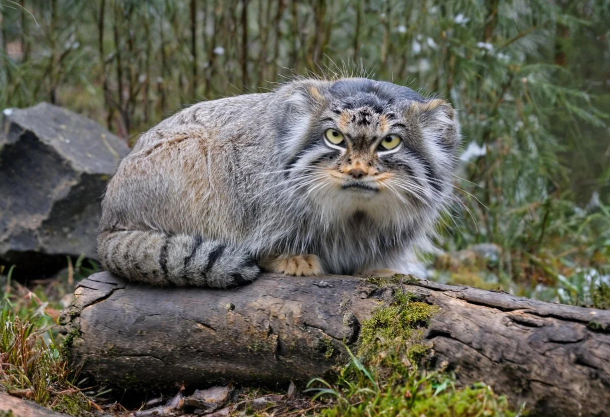 a closeup photo of an annoyed looking manul on a mossy log, Otocolobus manul, curled up, yellow green eyes, background of fir trees, few rocks, snow, light snowfall, dramatic clouds