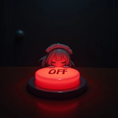 extreme close up of big red button with chibi maid peeking over the edge of the table, dark office, red glow, button says "OFF"