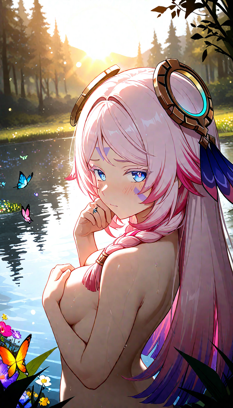 masterpiece, best quality, amazing quality, very aesthetic, absurdres, highres, newest, HDR, 8K, high detail, smooth shading, glossy surfaces, subtle, high contrast, dak depth, 
1girl, solo, citlali \(genshin impact\), blue eyes, pink hair, long hair, multicolored hair, double braid, facial mark,  colored eyelashes, ring hair ornament, hand on own face, upper body, cowboy shot, pose, embarrassed, wavery mouth, outdoors, covering breasts, bathing, lakes, looking back, trees by the lake, butterflies, flowers, colorful flowers and colorful butterflies, flower effects, morning sun, particles, three-quarter view, canted angle, from above, dutch angle, moody atmosphere, muted colors, cinematic composition, natural lighting, dramatic lighting, lens flare,