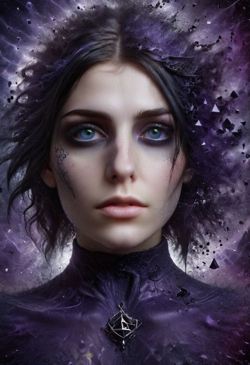 Surreal Alchemist: An abstract woman's portrait of a master alchemist, dark violet and black, with his face surrounded by intricate alchemical symbols and surreal elements. The artist use of distortion and surreal imagery captures the character's fascination with the esoteric and unknown, BadDream, ral-dissolve,