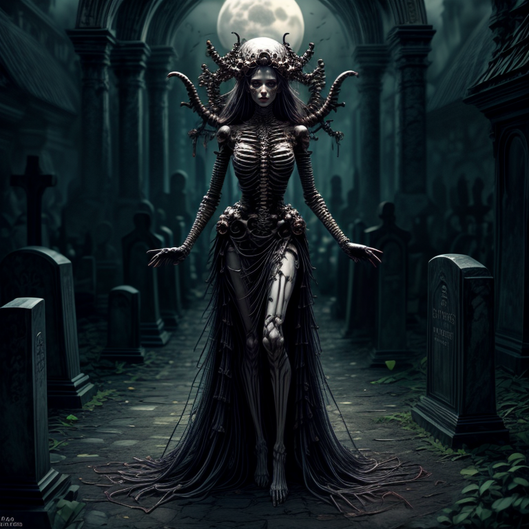 masterpiece,best quality,absurdres,high details,8K,photorealistic,at distance,cowboy shot,1girl,amaizing body,long hair,makeup,outstretched arms,full body front photo,symmetrical pose,necromancer,bones ornament,(graveyard:1.4),skeletons come out of the ground,<lora:Concept_-_More_Details_v1.0:1>,<lora:EvilM:0.3>,creature,ancient,dark,evil,<lora:Concept_-_Hella-sthetic_v2:0.4>,full moon,<lora:Clothes_-_Bone_Dress_v1:0.3>,dgBones,dress made of bones,<lora:bones_20230817015333:0.3>,helmet made of bones,, intricate, elegant, highly detailed, symmetry, magical atmosphere, sharp focus, majestic, very coherent, radiant, advanced, cinematic, artistic, fine detail, winning, beautiful, stunning, dramatic light, designed, rich deep colors, perfect professional background, ambient, tailored set composition