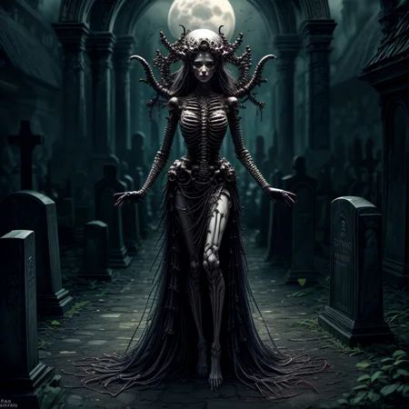 masterpiece,best quality,absurdres,high details,8K,photorealistic,at distance,cowboy shot,1girl,amaizing body,long hair,makeup,outstretched arms,full body front photo,symmetrical pose,necromancer,bones ornament,(graveyard:1.4),skeletons come out of the ground,<lora:Concept_-_More_Details_v1.0:1>,<lora:EvilM:0.3>,creature,ancient,dark,evil,<lora:Concept_-_Hella-sthetic_v2:0.4>,full moon,<lora:Clothes_-_Bone_Dress_v1:0.3>,dgBones,dress made of bones,<lora:bones_20230817015333:0.3>,helmet made of bones,, intricate, elegant, highly detailed, symmetry, magical atmosphere, sharp focus, majestic, very coherent, radiant, advanced, cinematic, artistic, fine detail, winning, beautiful, stunning, dramatic light, designed, rich deep colors, perfect professional background, ambient, tailored set composition