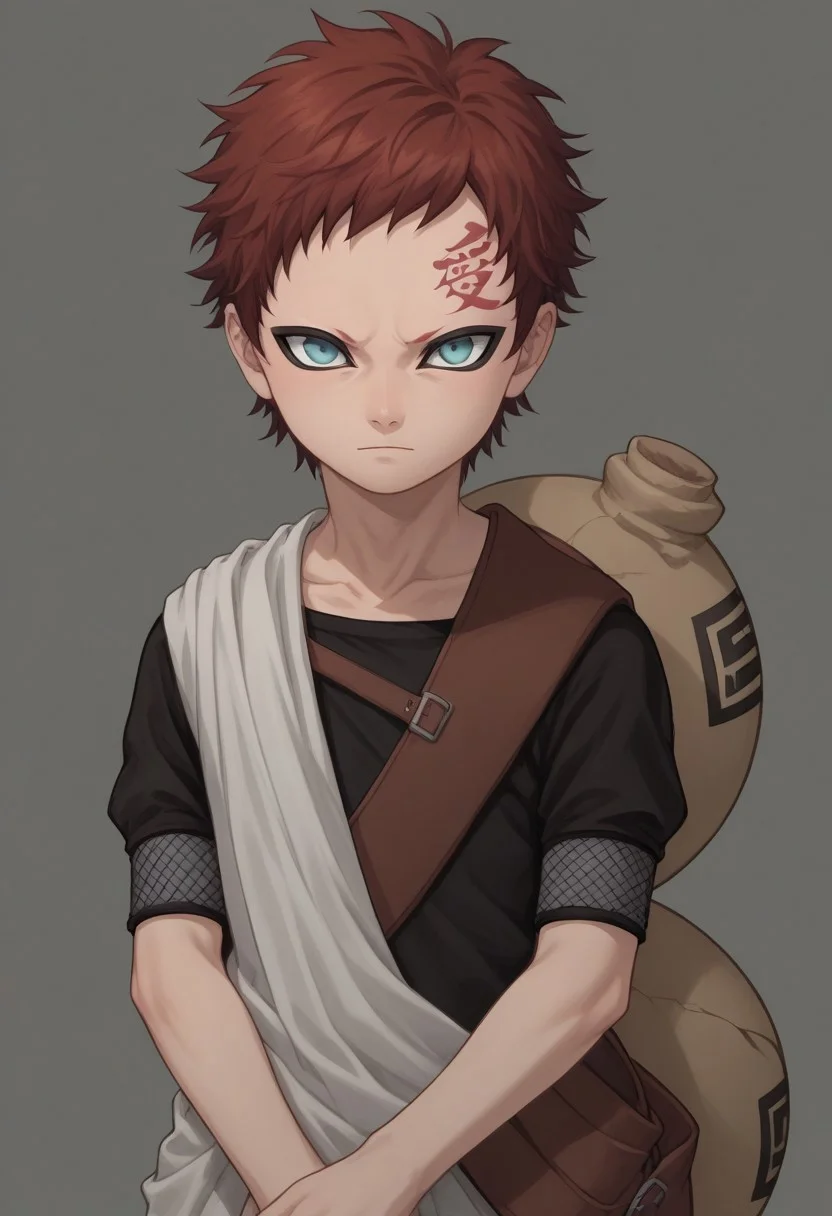 score_9, score_8_up, score_7_up, highly detailed, cute boy, 1boy, solo, young, Gaara, Red Hair, Pale Blue Eyes, Facial Mark , Black Short sleeve shirt, White Cloth Sash, leather strap, gourd