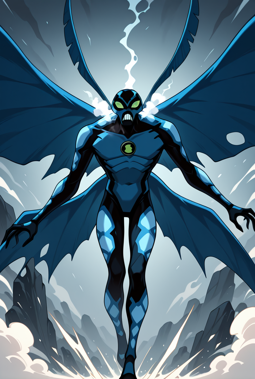 <lora:bigchill-07:1> bigchill, solo, 1boy, green eyes, blue skin, no humans, green sclera, teeth, no pupils,, blue wings, dynamic pose, steam breath, ice breath,  freezing breath,, masterpiece, best quality, amazing quality, very aesthetic, absurdres, newest,
