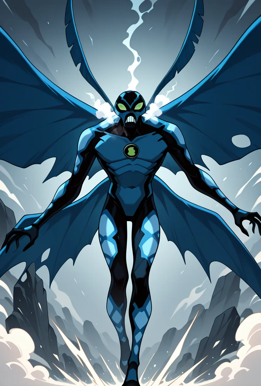 <lora:bigchill-07:1> bigchill, solo, 1boy, green eyes, blue skin, no humans, green sclera, teeth, no pupils,, blue wings, dynamic pose, steam breath, ice breath, freezing breath,, masterpiece, best quality, amazing quality, very aesthetic, absurdres, newest,