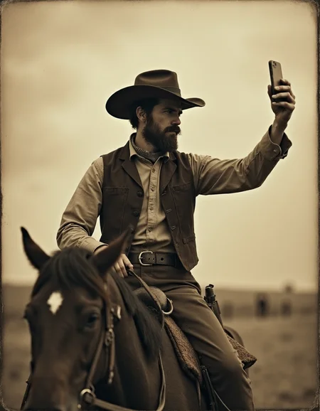 Photo of a cowboy from the Wild West holding a selfie stick while riding a horse., (VCTRN:1.2), analogstyle,  faded photograph <lora:e377b7657231499e9165dad83cdeb312_pytorch_lora_weights:1>  <lora:amateurphoto-6version:0.4> <lora:35mm_joycap:0.4>