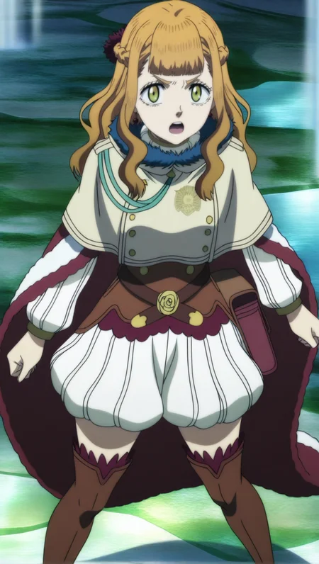 source_anime, masterpiece, best quality, amazing quality, anime screencap, high quality, 8k, absurdres, official style, 1girl, solo, looking at viewer, open mouth, standing, <lora:Mimosa_Spade_iL:1>, m1m054 spade, long hair, brown hair, green eyes, bangs, braid, french braid, magic knight outfit, beige capelet, white sweater, brown corset, white puffy shorts, thighhighs, thigh boots, high heels, cape, zettai ryouiki,