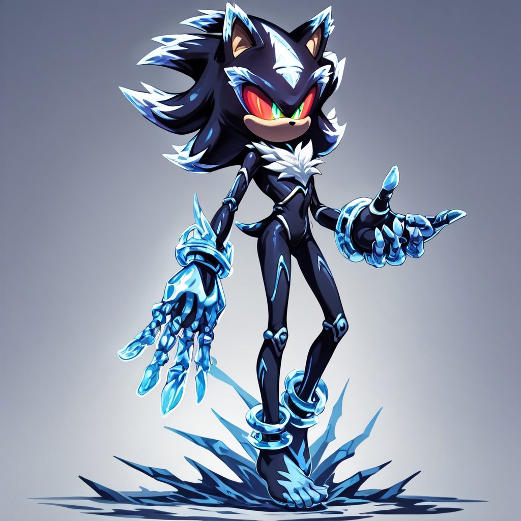 xtreme score_9, score_8_up, score_7_up, score_6_up, score_5_up, score_4_up (high detailed skin:1.2), 8k, soft lighting, high quality, Score_9, score_8_up, masterpiece, 8K, best quality, high quality , Shadow The Hedgehog , dark blue skin with light blue lines , green eyes , dragon pupil , petrified skin , no shoes , skeleton hand , petrified hand , no mouth red eyeball