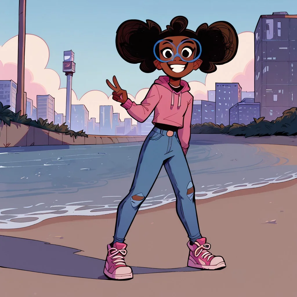 score_9, score_8up, score_7up, score_6up, 1girl, black eyes, lunella, dark skin, glasses, black hair, solo, glasses, pink hoodie, grey jeans, pink shoes, cowboy shot, peace sign, city streets, looking at viewer, smiling, blue framed glasses, eyes half lidded,
outdoors, beach , sunny day, overcast, leaning back, front view