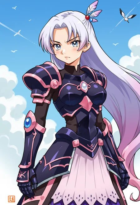 score_9, score_7_up, source_anime, solo, BREAK  <lora:Ikurumi_Kaoru_FORPONY_V2:1>, serious, 1girl, white eyes, white hair, very long hair, parted hair, parted bangs, gradient hair, lilac hair, medium breasts, wing hair ornament, valkyrie, black bodysuit, armor, gauntlets, greaves, pink breastplate, grey armored skirt, armored dress, pink hues,