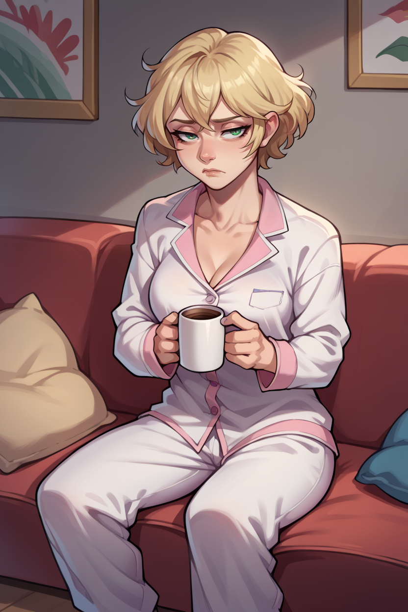 score_9, score_8_up, score_7_up, score_6_up, source_anime BREAK 1girl, solo  <lora:ffxvcindy-pdxl-nvwls-v1-000005:1> ffxvCindy, blonde hair, short hair, white pajamas, pajama pants, loose clothes, medium breasts, holding coffee mug, tired, sitting, couch