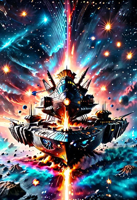 high quality, 8K Ultra HD, highly realistic, The great and sleek black ship is moving forward, blasting through space. It has powerful cannons facing forward that are unleashing powerful blue neutron beams upon an unseen foe. Embark on an enchanting 8K photorealistic journey as a magnificent starship blasts through a star system. The ship gracefully flies among other ships. The starship's design boasts advanced technological elements. The camera captures every minute detail, by VelvetS, octane render,from slightly to the side. perfectly symmetrical ship. Weapons fire blue energy beams,
<lora:DonM3t3rn1tyXL-v1.1:0.7>, DonM3t3rn1tyXL,
OverallDetailXL <lora:MJ52:0.3> <lora:SDXLFaeTastic2400:0.4>