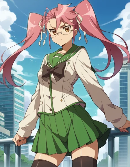score_9, score_8_up, score_7_up, source_anime,
sayatakagi, <lora:saya-takagi-ponyxl-lora-nochekaiser:1>,
saya takagi, long hair, ribbon, twintails, brown eyes, hair ribbon, pink hair, glasses,
skirt, thighhighs, school uniform, serafuku, zettai ryouiki, green skirt, bowtie, long sleeves, black thighhighs, black bowtie,
outdoors, cityscape, zombies,
looking at viewer, cowboy shot, dutch angle,