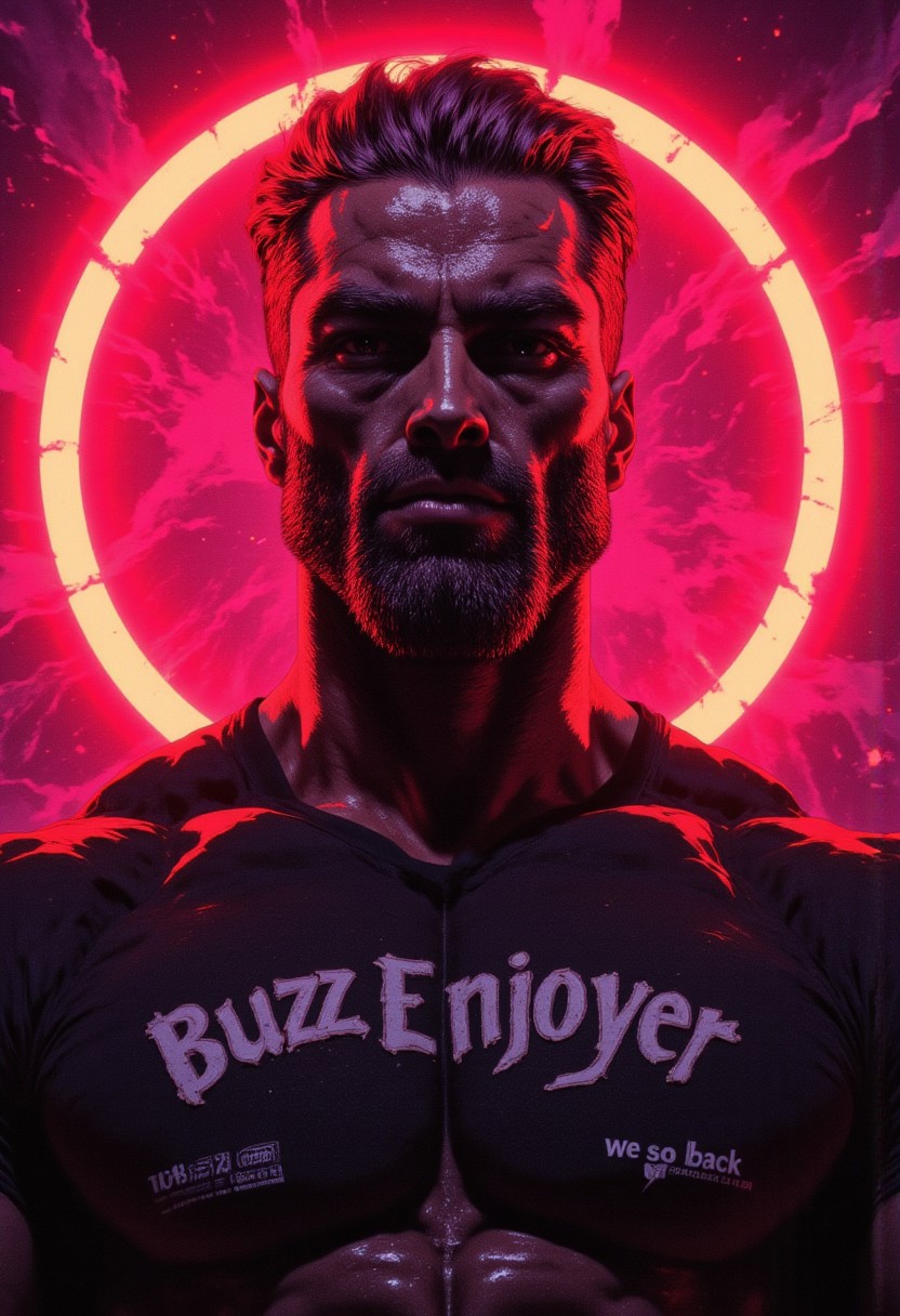 The image is an illustration featuring a bodybuilder dude with a pale skin tone and beard. He has a medium short-length, wavy brown hairstyle , styled. He is wearing a black t-shirt that accentuates his don't-care attitude with the text "Buzz Enjoyer" and "we are so back" in white. the lighting is dramatic and striking as he is backlit by magenta and yellow gradient, a glowing red outline around his visage indicate his power.CAICO
