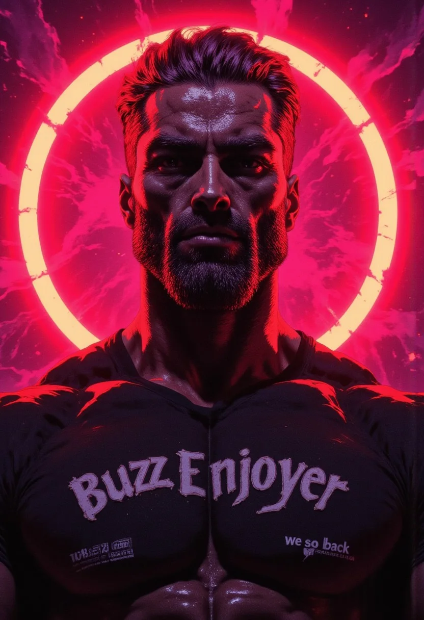 The image is an illustration featuring a bodybuilder dude with a pale skin tone and beard. He has a medium short-length, wavy brown hairstyle , styled. He is wearing a black t-shirt that accentuates his don't-care attitude with the text "Buzz Enjoyer" and "we are so back" in white. the lighting is dramatic and striking as he is backlit by magenta and yellow gradient, a glowing red outline around his visage indicate his power.CAICO