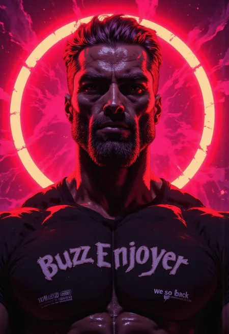 The image is an illustration featuring a bodybuilder dude with a pale skin tone and beard. He has a medium short-length, wavy brown hairstyle , styled. He is wearing a black t-shirt that accentuates his don't-care attitude with the text "Buzz Enjoyer" and "we are so back" in white. the lighting is dramatic and striking as he is backlit by magenta and yellow gradient, a glowing red outline around his visage indicate his power.CAICO