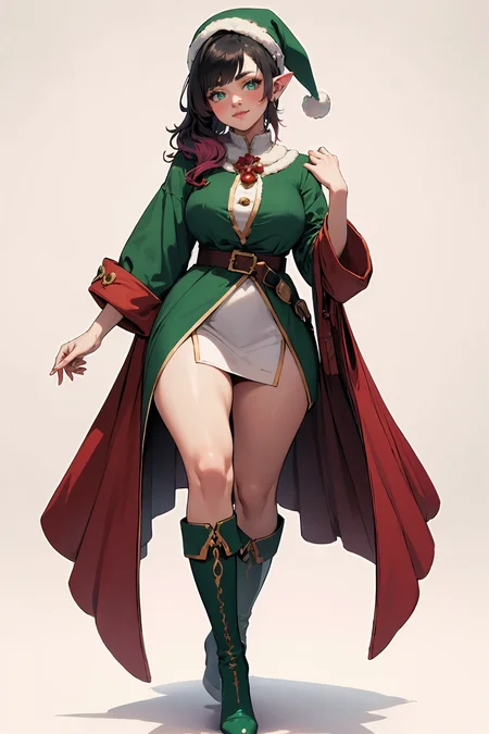 (masterpiece, best quality, highres, high resolution:1.2), extremely detailed, intricate details, 1girl, solo, looking at viewer, clamEmma, <lora:clamEmma:0.6>, (simple background, white background:1.2), full body, santa's elf, green outfit, stocking cap, high heel boots, smile, side-swept bangs, black hair, pink IncursioDipDyedHair, messy mid ponytail, green eyes, thick eyebrows, freckles, <lora:DipDyedHair:0.8>, <lora:weight_slider_v2:0.25>, (cinematic lighting, bloom, volumetric)