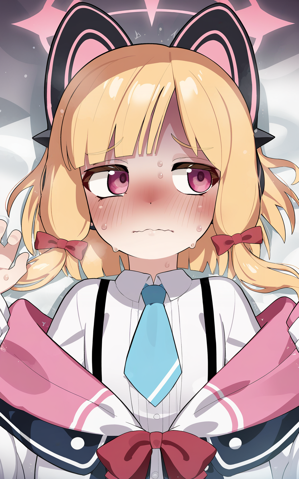 masterpiece, best quality, absurdres, highres, very awa,
<lora:Mizumizuni v1 - NoobAI 1.0 V-Pred:1>
mizumizuni
,upper body,raised inner eyebrows,cat ears,white jacket,sidelocks,collared shirt,halo,white shirt,dot nose,nose blush,momoi \(blue archive\),sweat,pink jacket,lying,cat ear headphones,bed sheet,long sleeves,looking to the side,pink eyes,two-sided fabric,1girl,on back,necktie,wavy mouth,open jacket,highres,blonde hair,embarrassed,shadow,blue necktie,hands up,shirt,closed mouth,multi-source commentary,medium hair,blue archive,open clothes,two-sided jacket,wide sleeves,light particles,blush,bow,low-tied sidelocks,multicolored jacket,jacket,averting eyes,red bow,animal ears,fake animal ears,pink halo,headphones,solo,hair spread out,hair bow,suspenders,animal ear headphones,absurdres