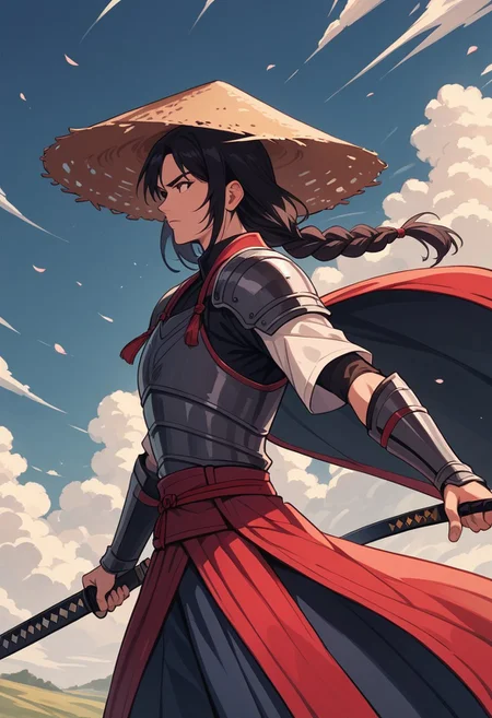score_9, score_8_up, score_7_up, strawhat, conical hat, 1boy, a heavily armored samurai with shoulder armor and a straw hat, holding a giant katana sword in both hands, ready to fight, asian, long hair, low braid, roninwarriors, samurai facemask, (monolid:1.3),