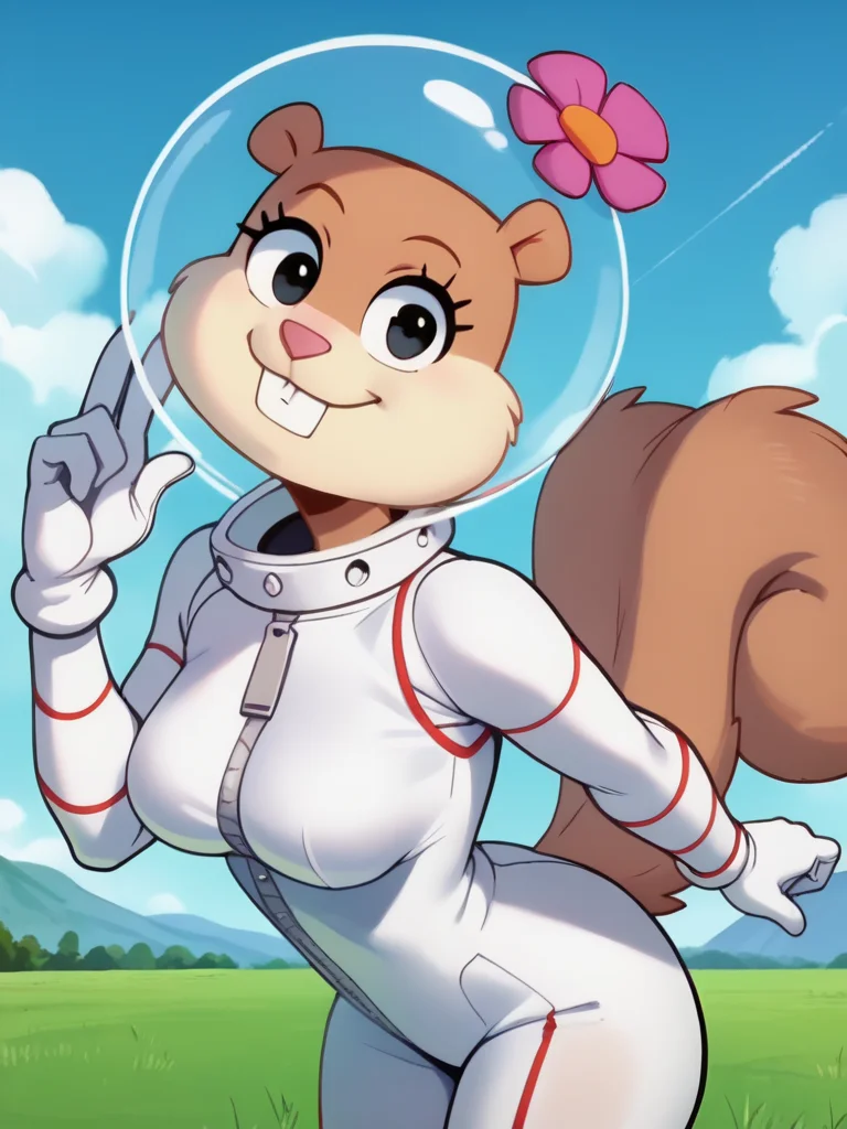 score_9, score_8_up, score_7_up, score_6_up, 1girl, leaning forward, big smile, black eyes, furry female, brown fur, squirrel tail, teeth, single hairflower, white bodysuit, white gloves, zipper, space helmet, medium breasts, curvy, looking at viewer, cowboy shot, dynamic pose, cute, solo, sexually suggestive, hills, from side, blue sky, cloud, grass, cartoon, western cartoon style, anime screencap, 
<lora:SandyCheeks_character:1> SandyXLP