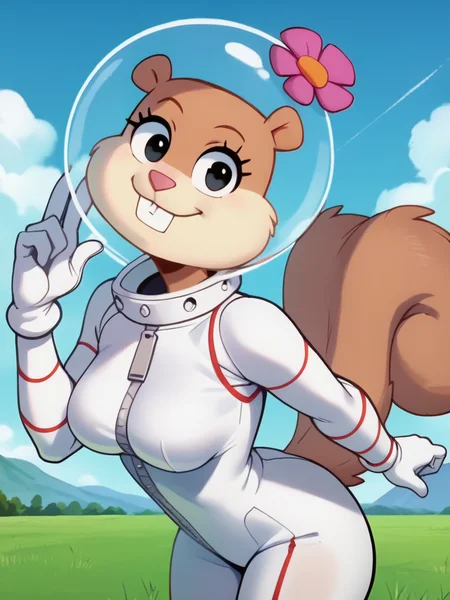 score_9, score_8_up, score_7_up, score_6_up, 1girl, leaning forward, big smile, black eyes, furry female, brown fur, squirrel tail, teeth, single hairflower, white bodysuit, white gloves, zipper, space helmet, medium breasts, curvy, looking at viewer, cowboy shot, dynamic pose, cute, solo, sexually suggestive, hills, from side, blue sky, cloud, grass, cartoon, western cartoon style, anime screencap,
<lora:SandyCheeks_character:1> SandyXLP