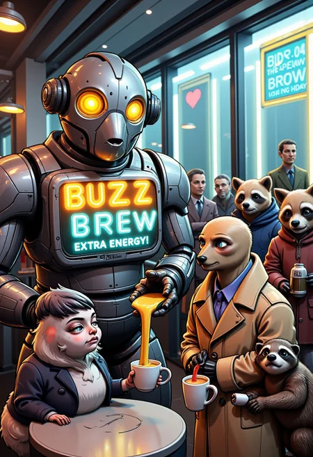 A sleek, futuristic café is bustling with activity, and in the center of the scene is a "Buzz Barista 9000"—a robotic barista shaped like a giant coffee machine with arms and legs. The robot has a shiny metal exterior, with glowing neon signs on its chest that say: “Buzz Brew: Extra Energy!”
The robot is pouring a glowing yellow liquid (Buzz) into a cup for a very tired-looking pigeon. The pigeon is sitting at a tiny table, wearing a miniature trench coat and hat, looking completely disheveled. Its feathers are ruffled, and it has dark circles under its eyes, clearly needing a pick-me-up.
Meanwhile, in the background, a line of other animals is waiting for their turn, including:
A hyperactive squirrel vibrating in place.
A sloth moving painfully slow, holding an empty coffee mug.
A raccoon trying to “cut” the line, smuggling an empty bottle labeled “Buzz Reserve.”
The glowing buzz liquid, the absurdity of the pigeon ordering coffee, and the chaos in the background make this both funny and adorable!