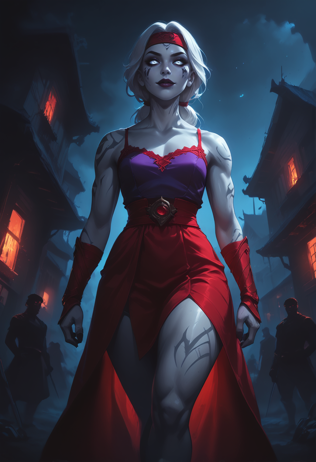 safe_pos, score_9, score_8_up, score_7_up, source_anime, source_western, source_comic BREAK black silhouette, 1girl, solo, duergar, low ponytail hair with headband, colored skin, muscular body, small breasts BREAK <lora:Dwarf_r2:1.0> Duergar, grey skin, white hair, white eyes, colored skin, fantasy BREAK fantasy, (courageous:1.0), fingersmile,staring, town square, standing, waist-up portrait, crossed legs, purple camisole, red kilt skirt, dark lips BREAK ((dynamic angle)), dramatic lighting BREAK <lora:vivid_everclear:0.4> <lora:RELSM_v1:0.5> <lora:FantasyGPT4VLycoXL:0.6> <lora:FNTS:0.6> FNTS, <lora:Expressive_H:0.6> Expressiveh, <lora:pony_good_hands:0.7> good_hands BREAK reij-drkrt, dark colored shadow, neon details, low contrast, color grading <lora:reij-darked:1>