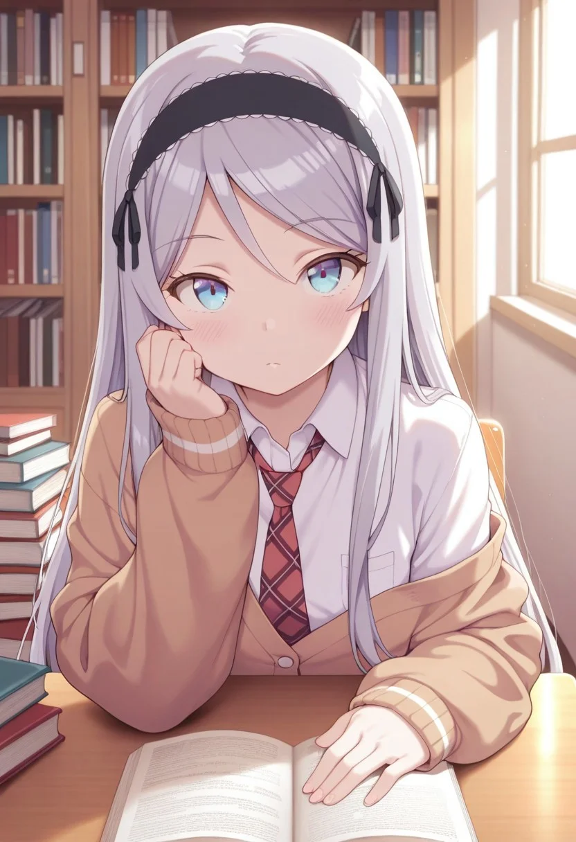 masterpiece,best quality,amazing quality, houjou shisei, long hair, blue eyes, grey hair, 1girl, book, book stack, necktie, solo, red necktie, desk, looking at viewer, cardigan, indoors, hairband, shirt, off shoulder, bookshelf