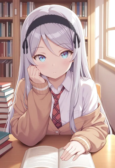 masterpiece,best quality,amazing quality, houjou shisei, long hair, blue eyes, grey hair, 1girl, book, book stack, necktie, solo, red necktie, desk, looking at viewer, cardigan, indoors, hairband, shirt, off shoulder, bookshelf