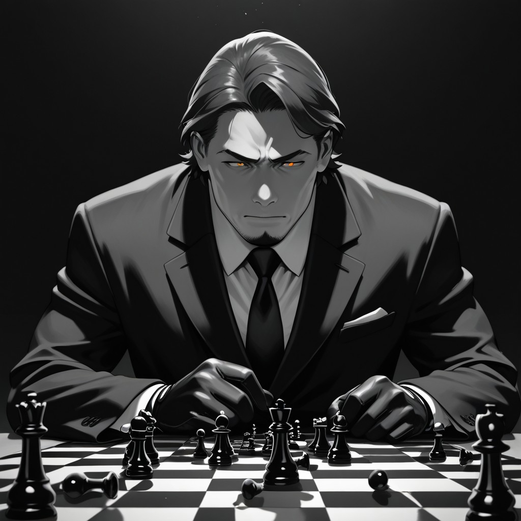 masterpiece, best quality, amazing quality, absurdres, newest, detailed background, definition so sharp, Ultra-HD, 8K cinematic, very awa, impressionate, amazing quality, highres, 
solo, male focus, manly, shadow, shiny skin,
shimonmakusu, shimon_brunette, shimon_orange eyes, 1boy, short hair, stubble, goatee, mature male, cold_expression, intense_gaze, mastermind, strategist, chess_board, gloves, suit, shadowed_face, calculating, observant, monochrome, sharp_focus, confident_pose, dark_academia