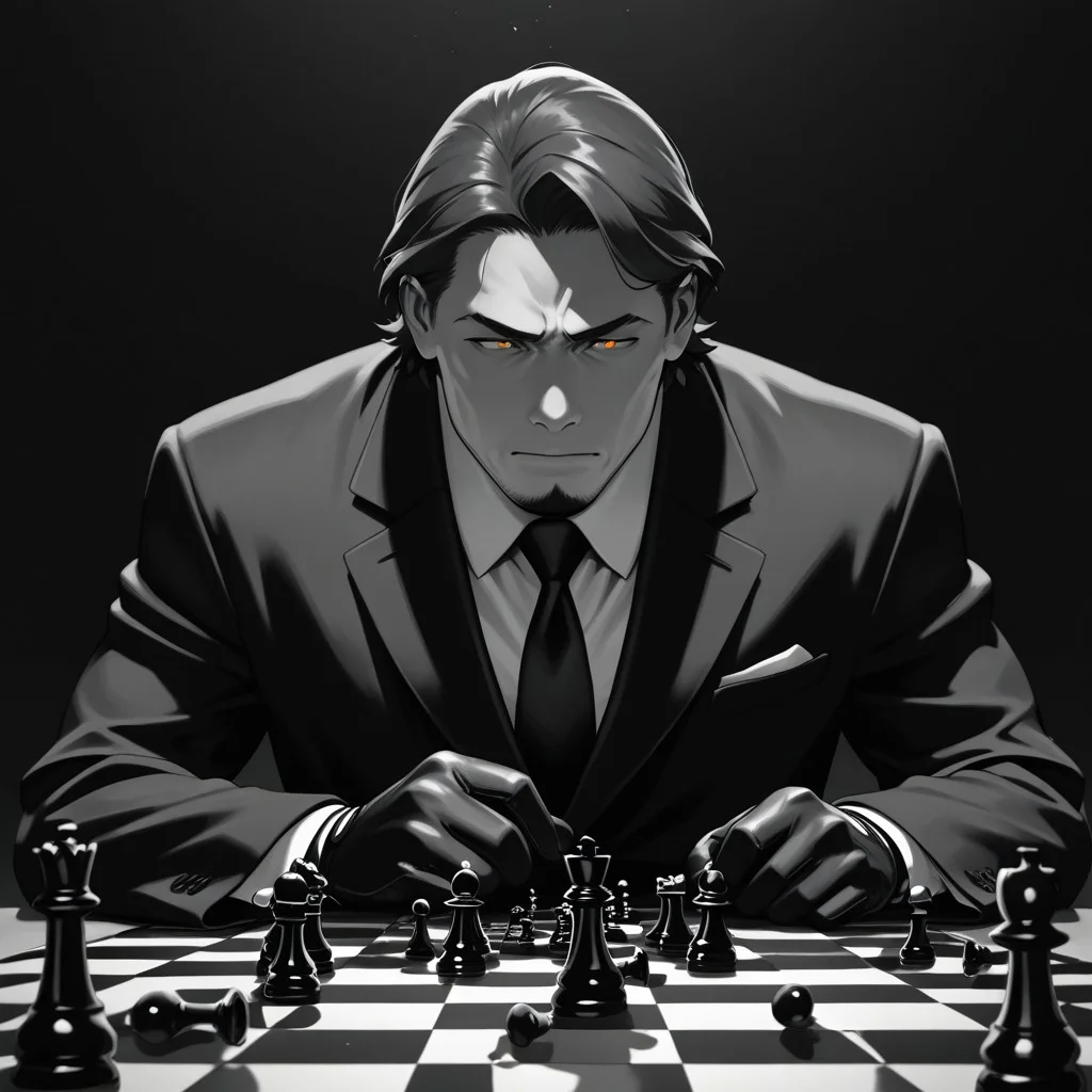 masterpiece, best quality, amazing quality, absurdres, newest, detailed background, definition so sharp, Ultra-HD, 8K cinematic, very awa, impressionate, amazing quality, highres,
solo, male focus, manly, shadow, shiny skin,
shimonmakusu, shimon_brunette, shimon_orange eyes, 1boy, short hair, stubble, goatee, mature male, cold_expression, intense_gaze, mastermind, strategist, chess_board, gloves, suit, shadowed_face, calculating, observant, monochrome, sharp_focus, confident_pose, dark_academia