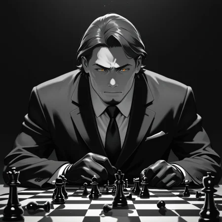 masterpiece, best quality, amazing quality, absurdres, newest, detailed background, definition so sharp, Ultra-HD, 8K cinematic, very awa, impressionate, amazing quality, highres,
solo, male focus, manly, shadow, shiny skin,
shimonmakusu, shimon_brunette, shimon_orange eyes, 1boy, short hair, stubble, goatee, mature male, cold_expression, intense_gaze, mastermind, strategist, chess_board, gloves, suit, shadowed_face, calculating, observant, monochrome, sharp_focus, confident_pose, dark_academia