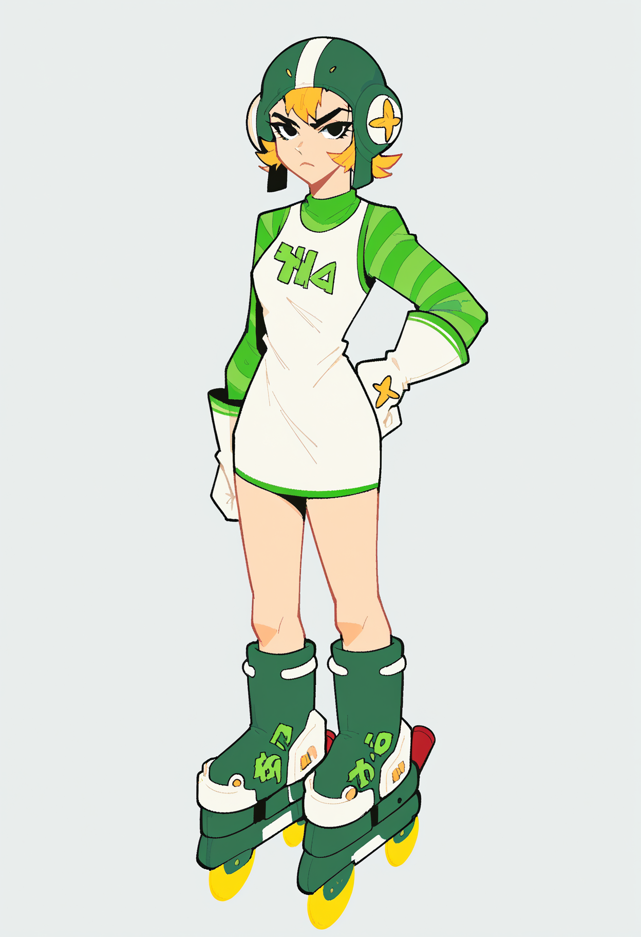 score_9, score_8_up, score_7_up, score_6_up, score_5_up, score_4_up, BREAK
1girl, solo, gum_jsr, helmet, short dress, roller skates, blonde hair, inline skates, roller skates, dress, short hair, striped, striped sleeves, white gloves, expressionless, simple background, looking at viewer, hand on own hip, pointing at viewer, 
<lora:gum_jsr:1>  <lora:wraith:0.8>