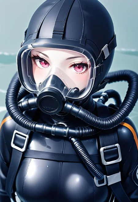 score_9, score_8_up, score_7_up, BREAK,
white skin, 1girl, double hose, mask, scuba gear, black wetsuit, black hair, choker, close up, face portrait