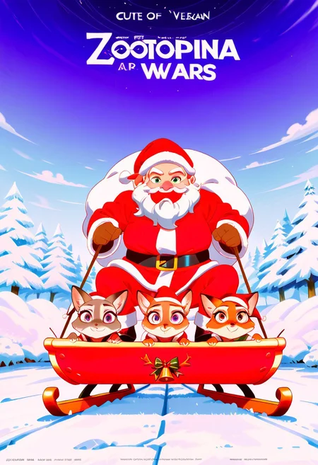 a group of animals riding on top of a sled, of a fox wearing a santa hat, zootopia (2016), furry anime, very very beautiful furry art, zootopia 2, santa claus, official anime artwork, by Pu Hua, 2 0 1 9 anime, cute anime, cute cartoon, art of silverfox, official art, telegram sticker