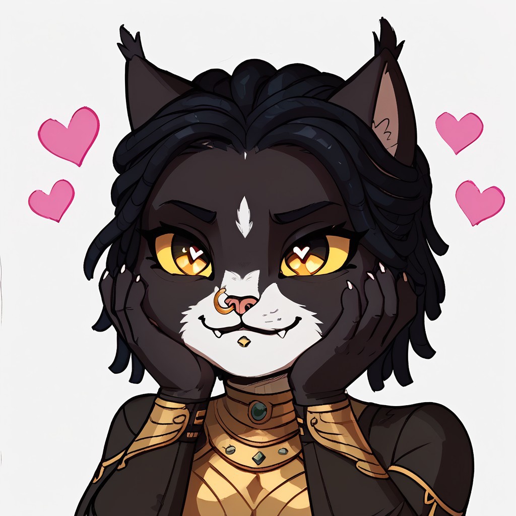 em0te art style, score_9, score_8_up, score_7_up, score_6_up, best quality,
anthro, 1girl, 3mb3r, high quality, white background, ((hearts in eyes, smug)), hands on face, high res , highly detailed face, white background, chibi, black armor, feline, black and white fur, yellow eyes, black hair, nose ring, chin piercing, extremely detailed